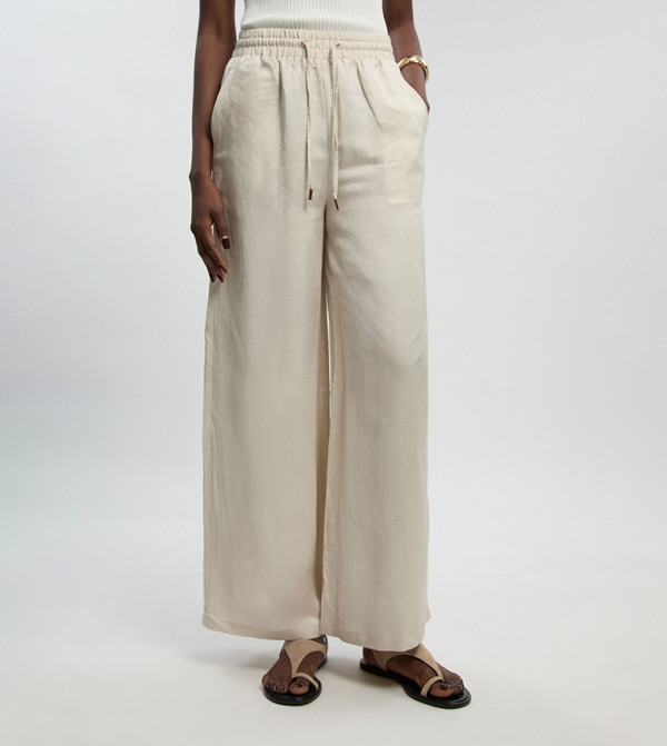 Drawstring Waist Linen Wide Leg Trousers