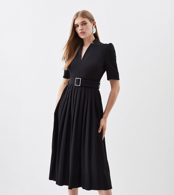 Petite Tailored Structured Crepe Forever Pleat Midi Dress