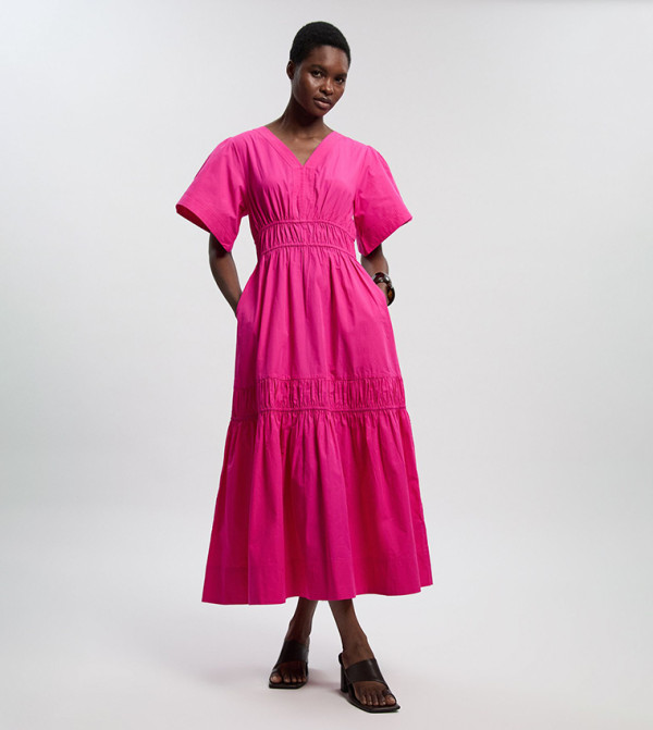 Cotton Woven Shirred Tiered Short Sleeves Midi Dress