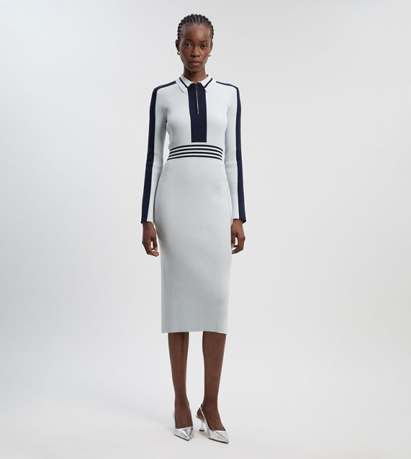 Ribbed Knit Polo Neck Zip-Up Midi Dress