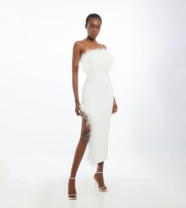 Figure Form Bandage Feather Detail Bandeau Knit Midi Dress