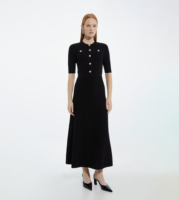 Rib Knit Military Trim Maxi Dress
