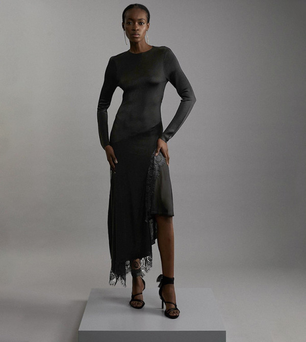 Slinky Sheer Lace Detail Asymmetric Knit Maxi Dress