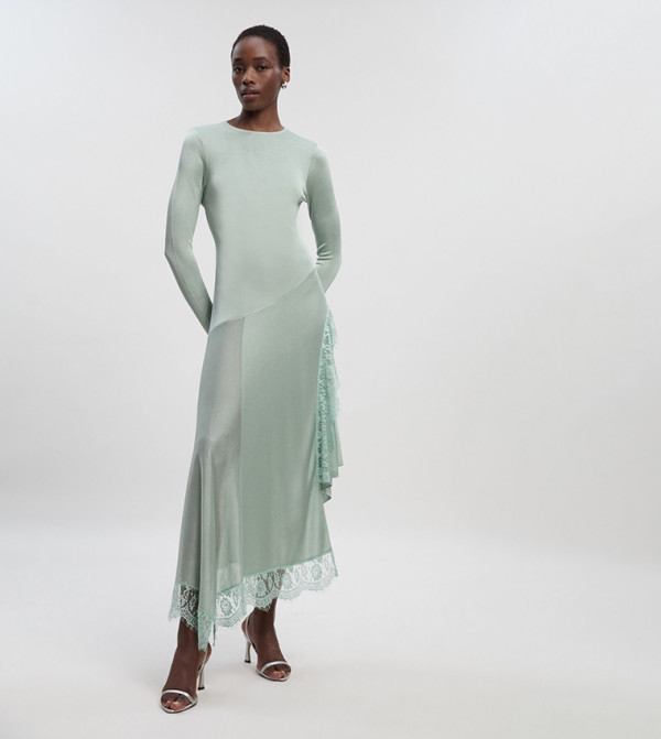 Viscose Blend Slinky Sheer Lace Detail Asymmetric Maxi Dress