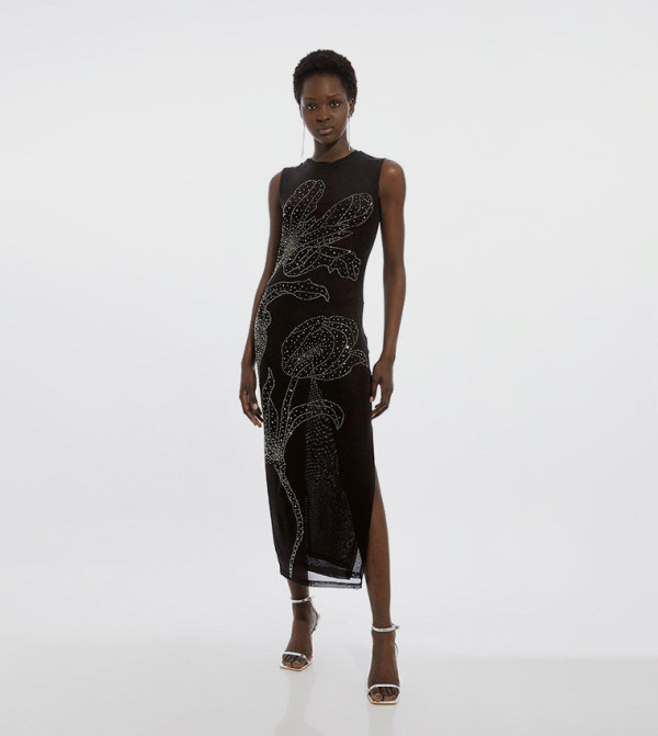 Placed Embellished Floral Mesh Jersey Midi Dress