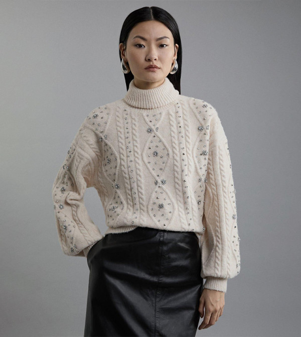Wool Blend Embellished Cable Knit Sweater