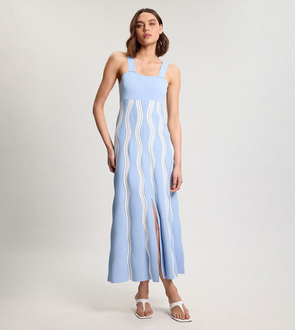 Contrast Wave Knit A-Line Knitted Strappy Midi Dress