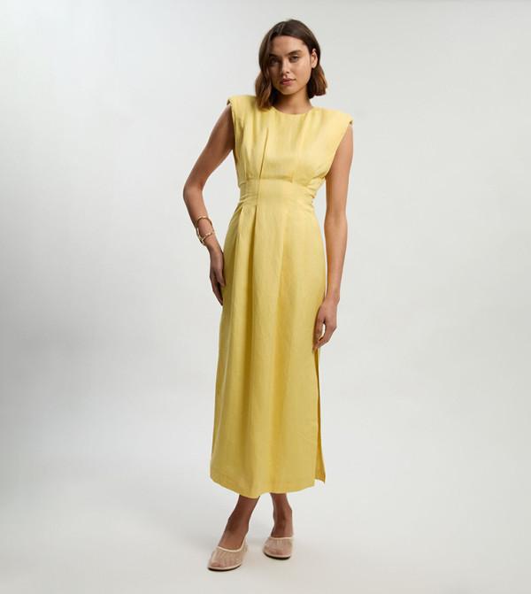 Viscose Linen Woven Pintuck Midi Dress