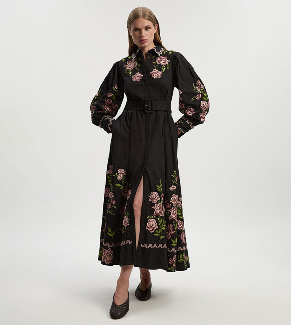 Rose Embroidered Cotton Twill Woven Shirt Dress