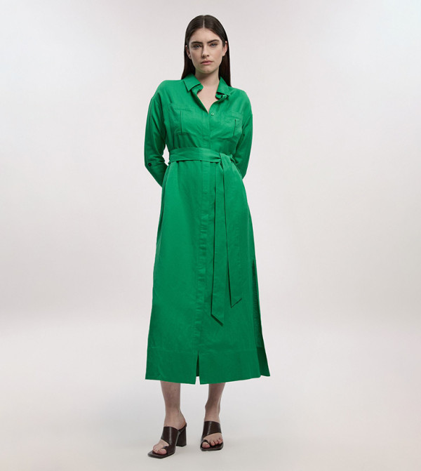 فستان قميص مزيج فيسكوز وكتان برباط