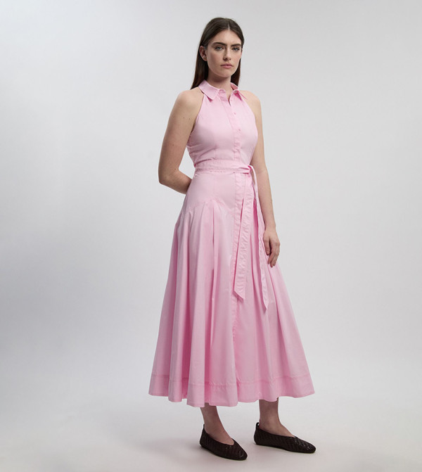 فستان قميص ميدي قطني منسوج برقبة هالتر