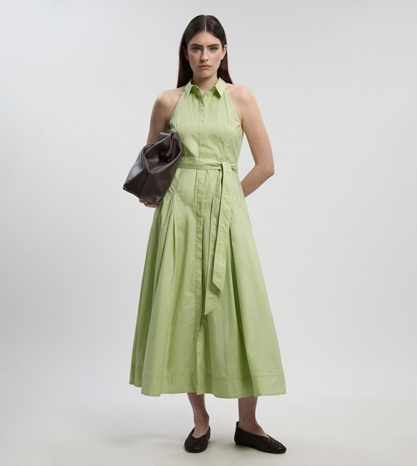 Cotton Halterneck Woven Midi Shirt Dress