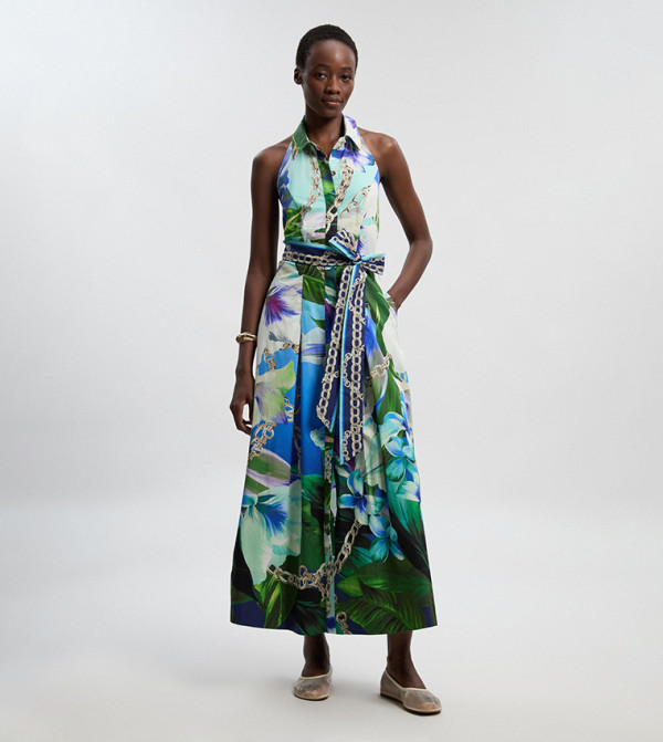 Placed Chain Cotton Satin Shirt Dress