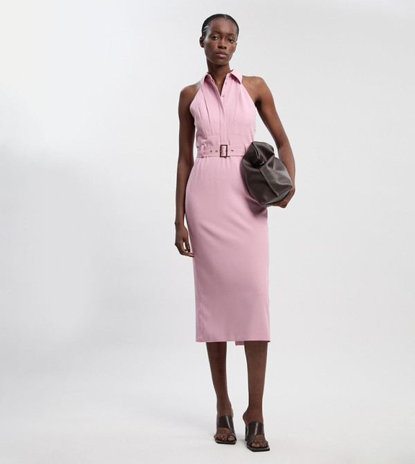 Twill Contrast Collar Woven Halter Neck Midi Dress