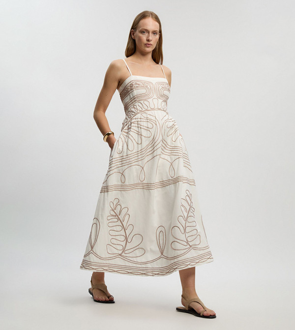 Buy Karen Millen Cotton Linen Cornelli Embroidered Strappy Woven Midi Dress  In Ivory | 6thstreet UAE