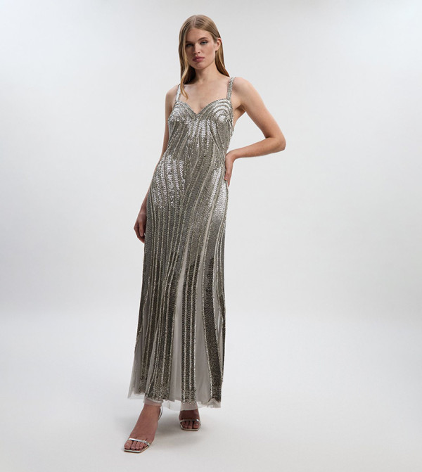 Petite Beaded Contour Woven Maxi Party Dress