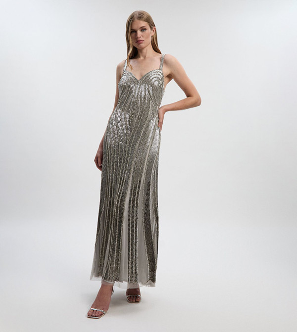 Beaded Contour Sweet Heart Neckline Maxi Party Dress