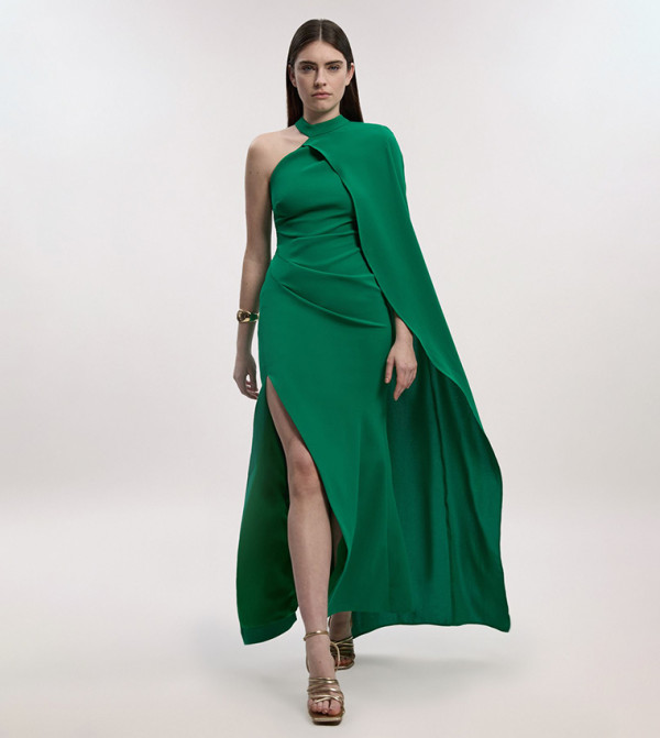Soft Tailored One Shoulder Cape Sleeves Maxi Dress