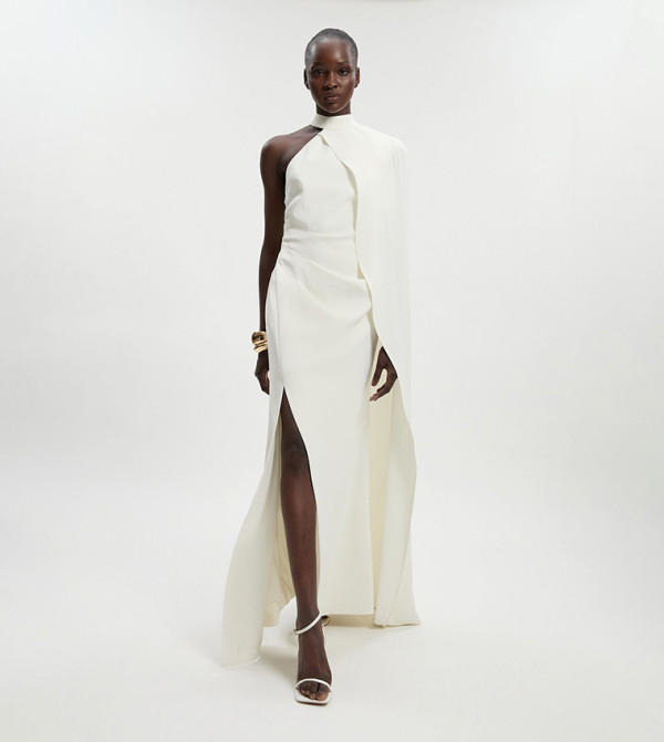 Petite Soft Tailored One Shoulder Cape Sleeves Maxi Dress