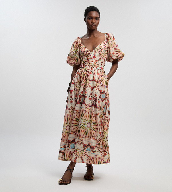 فستان ماكسي قطن حرير كم واسع وطبعة