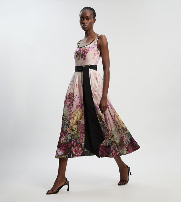 Printed Silk Sleeveless Woven Midi Dress