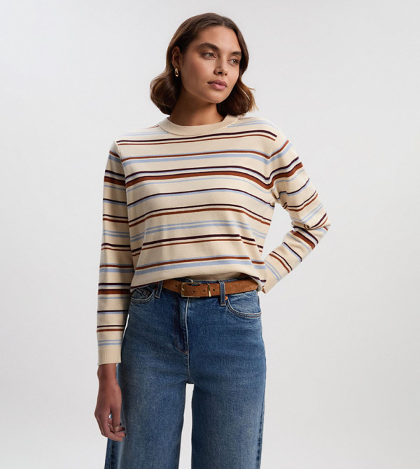 Striped Viscose Blend Crew Neck Knit T-Shirt