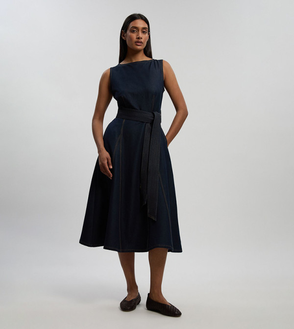 Denim Belted Flared Tailored Midi Dress