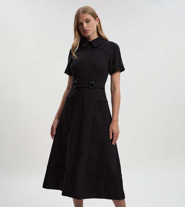 Solid Collared Short Sleeves Midi Dress