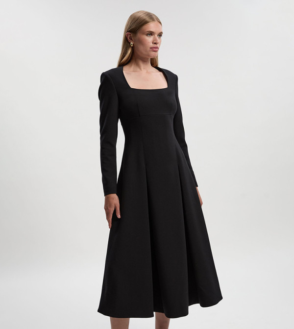 Solid Square Neck Long Sleeves Midi Dress