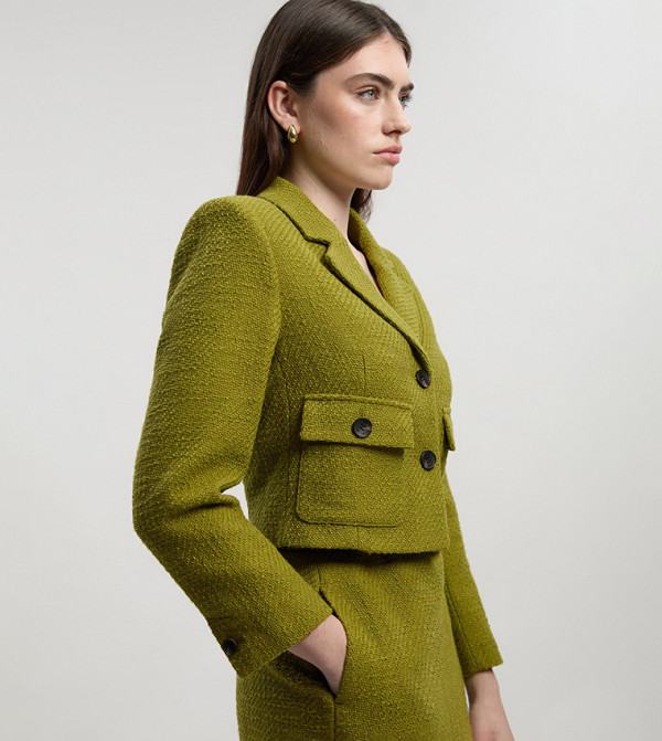 Textured Tweed Pocket Front Tailored Cropped Jacket