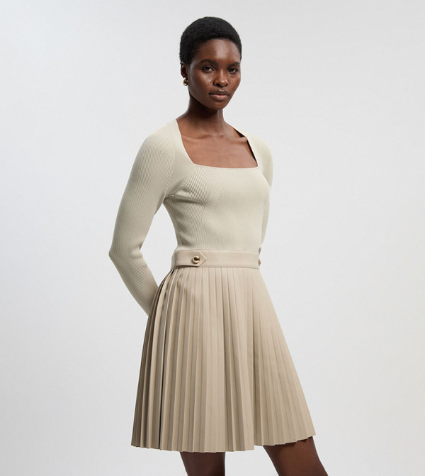 Buy Karen Millen Viscose Rib Pu Mix Tab Detail Pleated Knit Mini