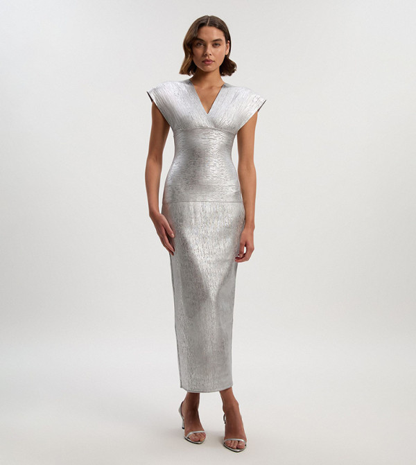 Foil Metallic Figure Form Angel Sleeves Knit Maxi Dress