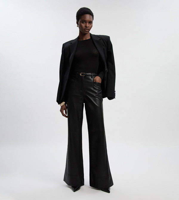 Petite Faux Leather Tailored Flared Trousers