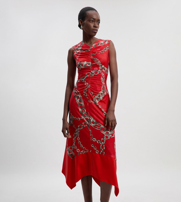 Chain Print Crepe Hanky Hem Midi Dress