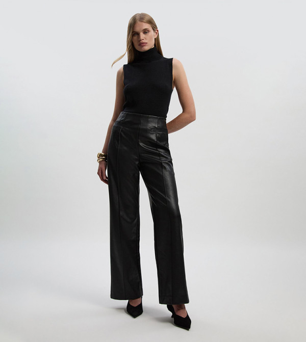 Petite Faux Leather Seam Detail Wide Leg Tailored Trousers