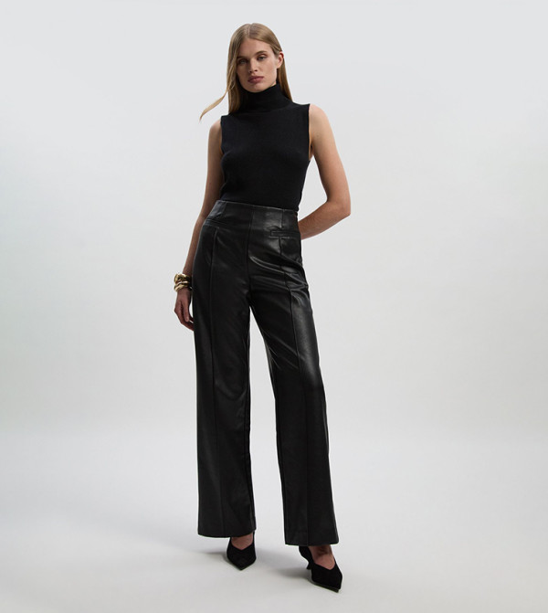 Faux Leather Seam Detail Wide Leg Tailored Trousers