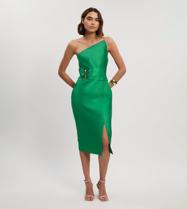 Twill Trim Detail Structured Asymmetric Neck Midi Dress