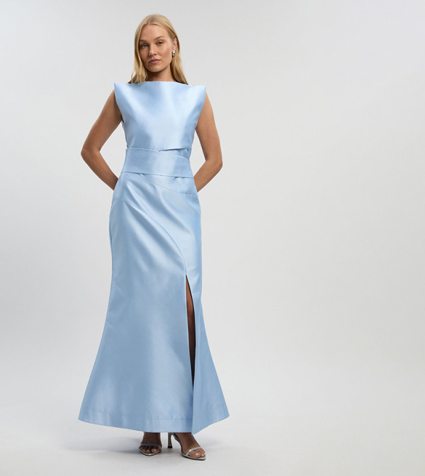 Satin Twill Draped Waist Structured Tailored Maxi Dress
