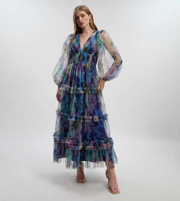 فستان ماكسي محبوك كم بالون 