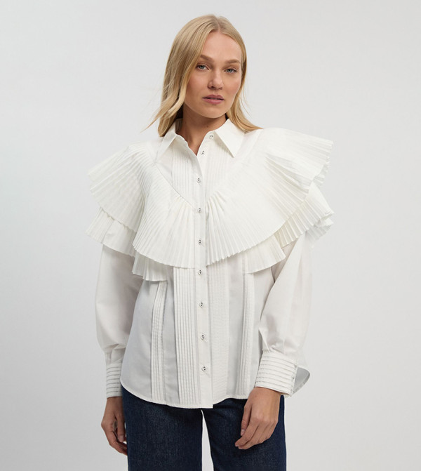 Poplin Ruffle Detail Long Sleeves Woven Collared Shirt
