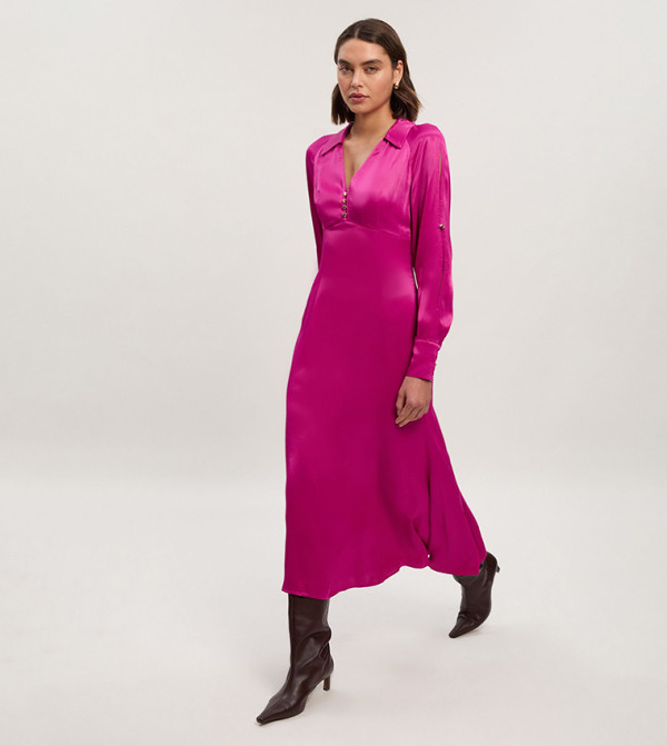 Petite Viscose Satin V-Neck Long Sleeves Woven Midi Dress