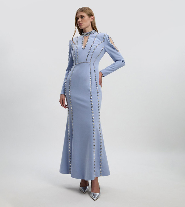 Crystal Embellished Woven Plunge Detail Maxi Party Dress