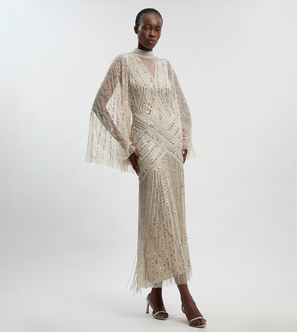 Embellished Woven Maxi Dress with Cape Sleeve