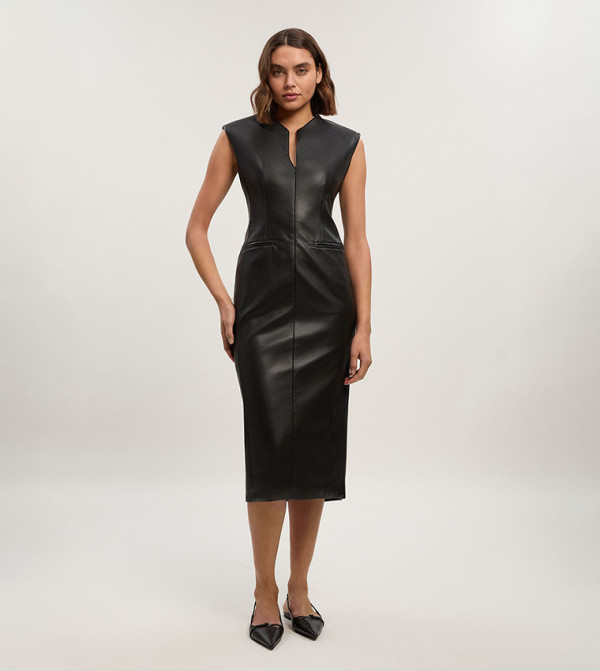 Faux Leather Tailored Pencil Midi Dress