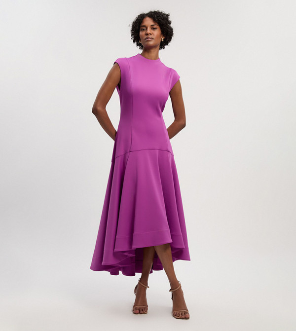 Scuba Dipped Ruffle Hem Woven Midi Dress