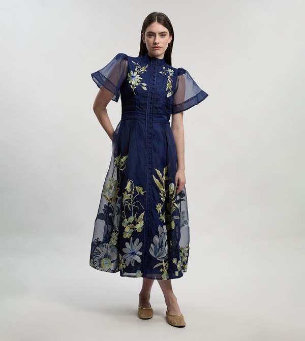 Botanical Embroidered Organdie Angel Sleeves Midi Dress