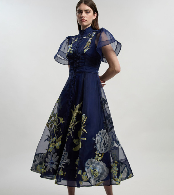 Petite Botanical Embroidered Organdie Midi Dress