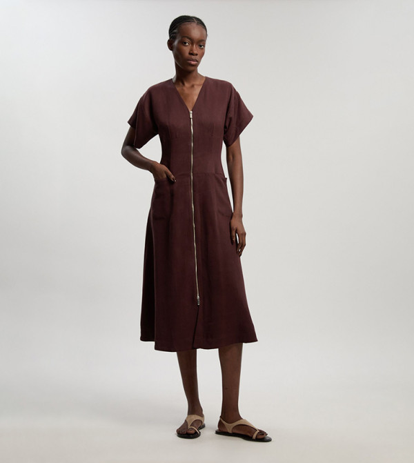 Tencel Blend Tailored V-Neck Zip Detail Midi Dress