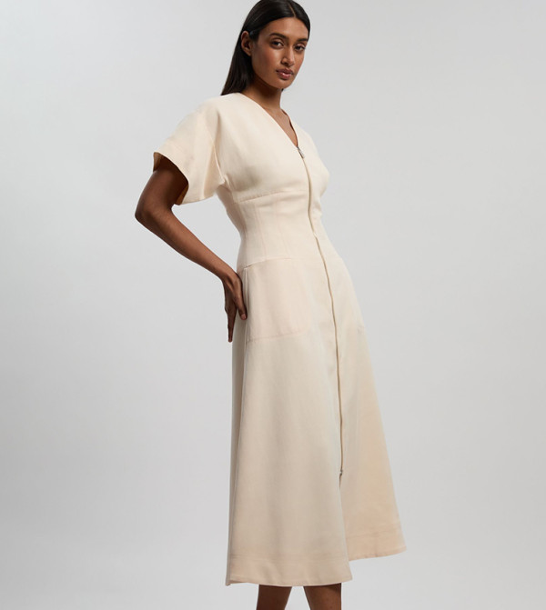 Tencel Blend Tailored V-Neck Zip Detail Maxi Dress