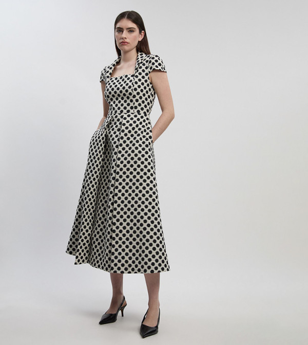 Polka Dots Jacquard Square Neck Tailored Midi Dress